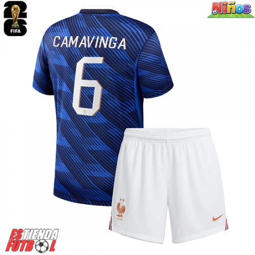 Francia Eduardo Camavinga #6 Primera Equipación Niños Mundial 2026 Manga Corta (+ Pantalones cortos)